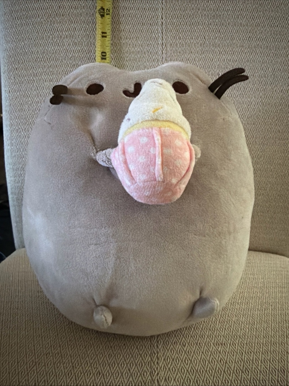 Pusheen Plush in Gray Holding Pink & Cream Ice Cream